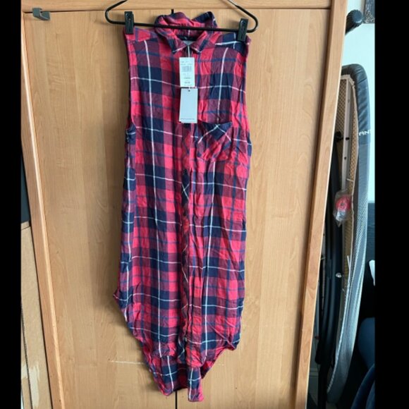 NWT NEW Rails Red Button Up Plaid Long Sleeveless Shirt Dress w/ slits LARGE - Picture 2 of 10